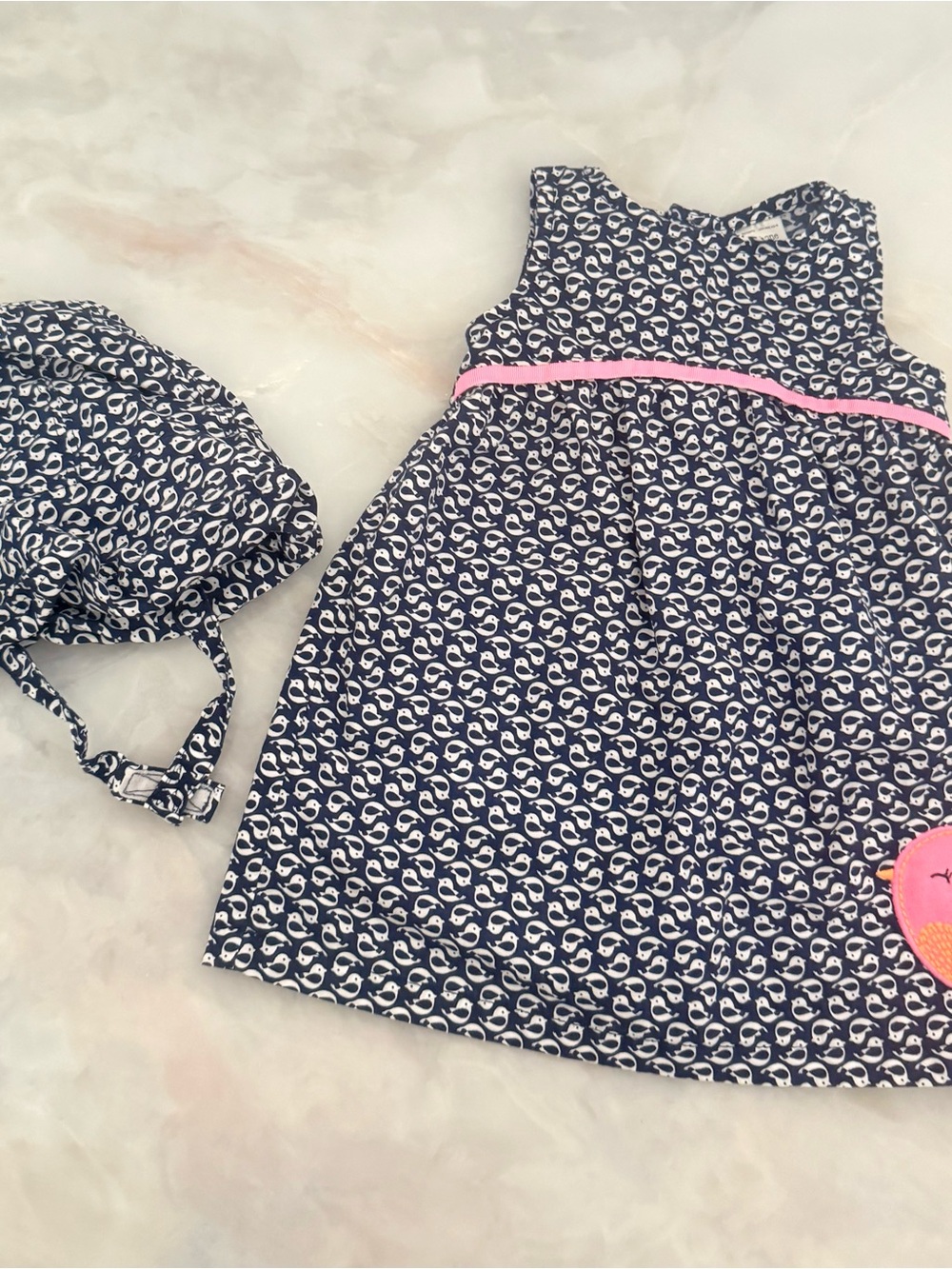 Carter's Navy & White Printed Dress with Pink Waist Trim and Matching Hat